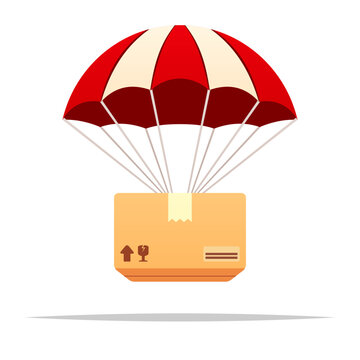 Parcel box delivery package with parachute vector isolated illustration