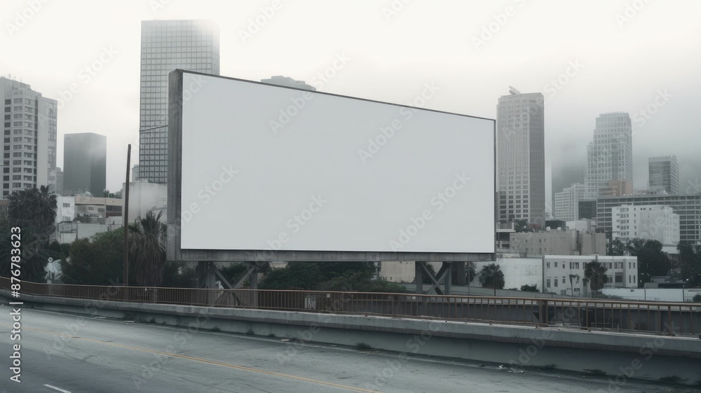 Aufkleber urban billboard above an empty highway with overcast skies and modern cityscape in the background. a