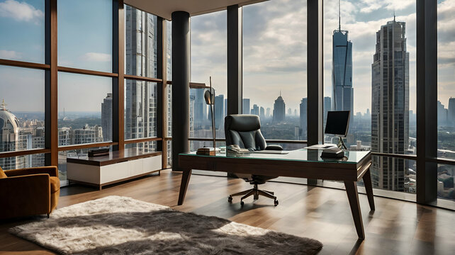 Workspace desk for executive leader in luxury interior of high-rise room in city apartment with large glass window overlooking beautiful cityscape skyline outside.