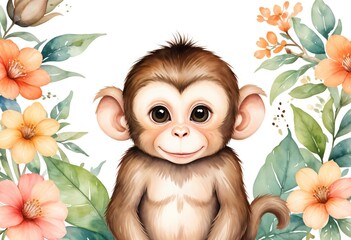 Obraz premium Adorable monkey surrounded by flowers. Digital watercolor illustration. Cute animal and nature concept for greeting cards and prints. Baby Animal, nursery art style,