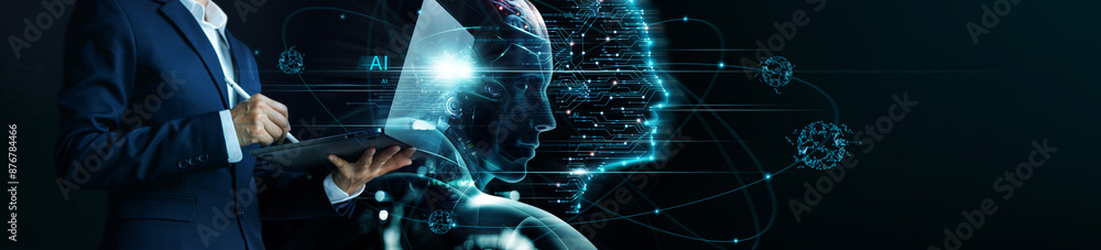 Aufkleber Ai technology, Artificial Intelligence. Businessman using technology smart robot AI, enter command prompt for generate and solve problems of business, deep learning, Future technology transformation.