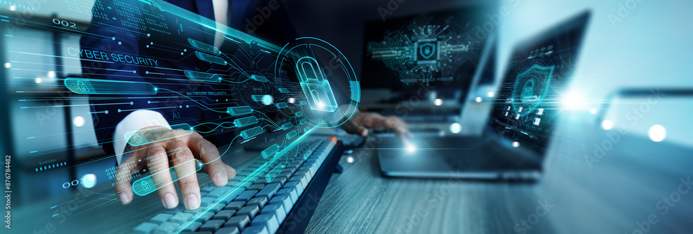Poster Cyber security. Businessman login digital padlock access to business privacy network and financial data encryption. Smart cyber security system use AI innovation technology protect online transaction.