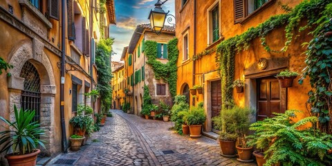 Fototapeta premium Narrow cobblestone street in Trastevere, Rome, lined with ancient buildings, charming lanterns, and lush greenery, exuding a warm and intimate ambiance under a sunny Italian sky.