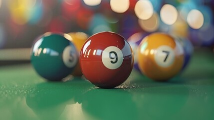 Vibrant close up of colorful billiard balls on green table surface for game enthusiasts