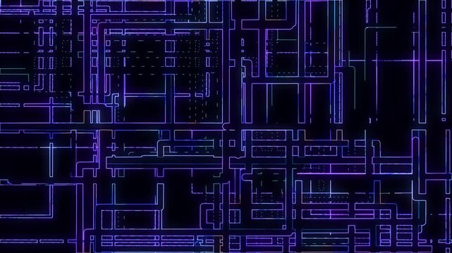 Abstract animated colored lines on a dark background. Growing public transport network. Colorful metro diagram, railway transport map on a dark background. Pipeline diagram. 4K animation