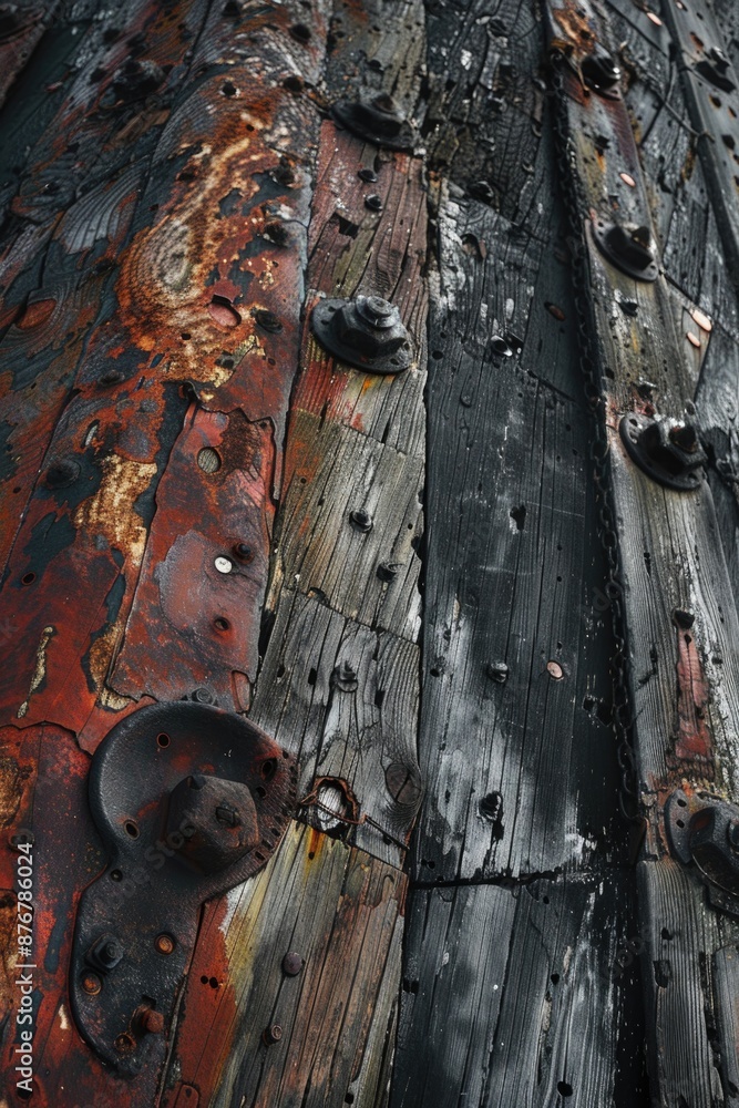 Poster a close-up view of a wooden structure with visible signs of rust