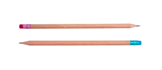 Pencils natural wood with erasers isolated on white, transparent, top view	