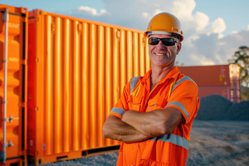 Smiling construction worker wearing an orange uniform and helmet standing in front of shipping containers. Construction industry, shipping logistics, safety equipment, outdoor work, heavy machinery.