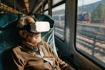 Elder man using virtual reality goggles on a train