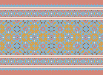 Pixel Horizontal Seamless Vector. Geometric Ethnic Indian pattern. Native Ethnic pattern. Cross Stitch Border. Texture Textile Fabric Clothing Knitwear print.