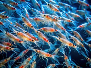 Schools of small, shrimp-like Antarctic krill swim together in unison, their translucent bodies glowing in the dim blue light of the ocean's depths.