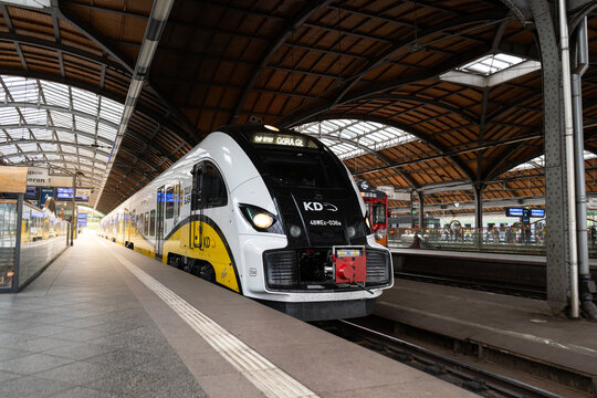 Pesa Elf 48WEc train at Wrocław Gł&oacute;wny main railway station. Electric low floor multiple unit for the Koleje Dolnośląskie regional operator, rail transport company on June 17, 2024 in Wroclaw, Poland.
