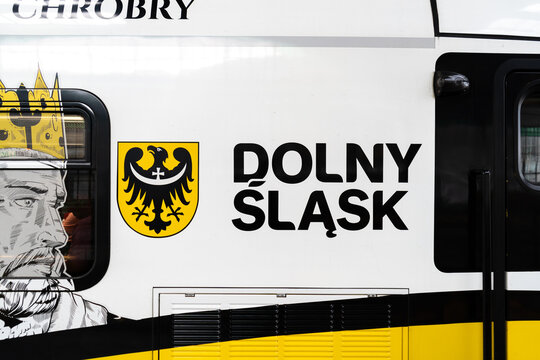Dolny Śląsk logo sign on a Koleje Dolnośląskie train. Lower Silesia coat of arms, Lower Silesian Voivodeship logotype emblem on June 17, 2024 in Wroclaw, Poland.
