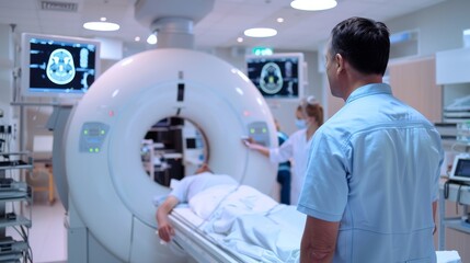 Doctor examining X-ray images on display in MRI control room while in background nurse preparing the patient for examination test.