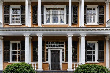 Obraz premium Colonial building facade with symmetrical design, white columns, and shuttered windows, Generative AI