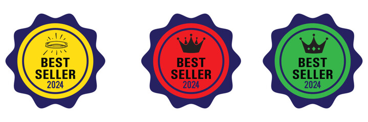 Set of premium luxury best seller badge icon flat vector illustration clipart isolated. Best seller sticker, label, banner, ribbon collection. Set of best seller metal emblem for sale