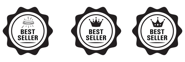 Set of premium luxury best seller badge icon flat vector illustration clipart isolated. Best seller sticker, label, banner, ribbon collection. Set of best seller metal emblem for sale