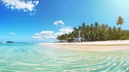 Naklejka premium A beautiful tropical beach with palm trees and a clear blue sky, adds to its picturesque charm. This tranquil coastal setting evokes images of summer