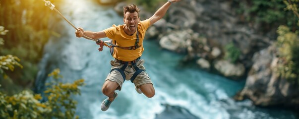 A man in a yellow T-shirt bungee jumps over a river, capturing a moment of thrill and excitement while engaging in an adventurous outdoor activity, set against a scenic backdrop.
