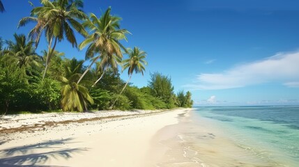 A beautiful tropical beach with palm trees and a clear blue sky, adds to its picturesque charm. This tranquil coastal setting evokes images of summer