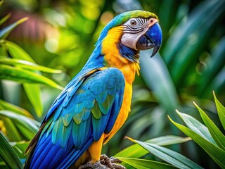 Obraz premium Vibrant plumage shines on a stunning parrot perched on a lush green branch, showcasing its bright blue and yellow feathers, strong beak, and curious gaze.
