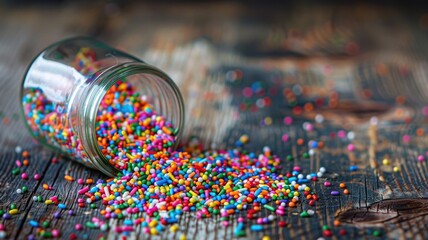 Obraz premium Brightly colored sprinkles spilled from jar on rustic wooden table