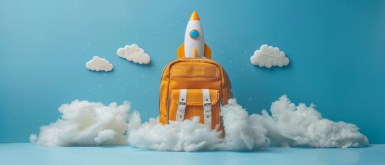 A yellow school backpack, adorned with a rocket, soars above fluffy white clouds against a bright blue background. Back to school