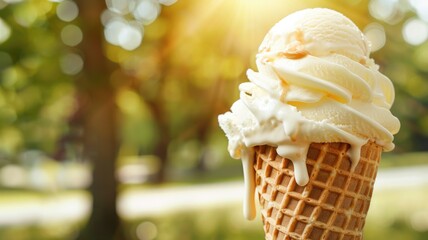 Melting vanilla ice cream cone outdoors on sunny day