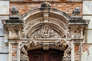 Obraz premium Historical building facade with ornate carvings, stone details, and weathered bricks, Generative AI
