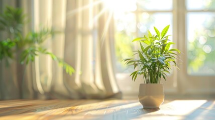 Sunlit potted plant on wooden table near window, with sheer curtains
