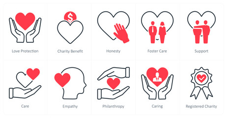 A set of 10 Charity and Donation icons as love protection, charity benefit, honesty