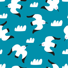Summer seamless pattern with seagulls and clouds.