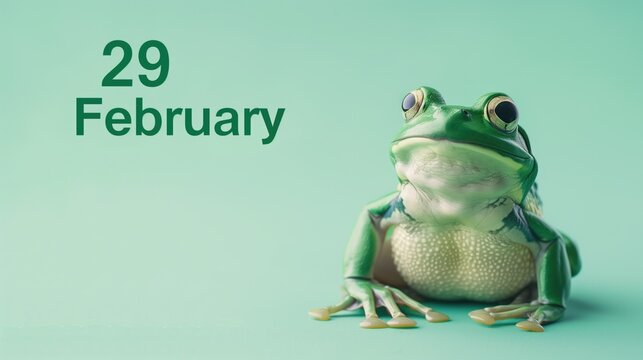 Green frog on a light green background with "29 February" text. Leap year, calendar, amphibian, nature, animal.