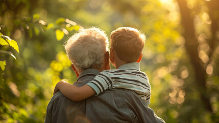 Grandfather holding grandson and bright forest background