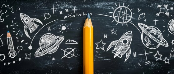 A close-up of a black chalkboard with a yellow pencil resting against the surface. The chalkboard features a white chalk drawing of multiple space rockets, planets, and stars. Back to school