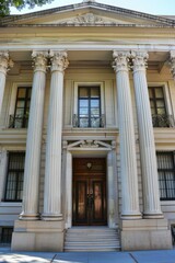 Obraz premium Neo-Classical building facade with tall columns, pediments, and symmetrical proportions, Generative AI