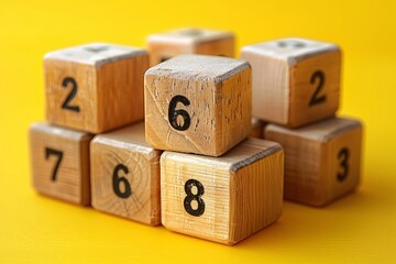 Wooden number blocks, each with a single digit from 2 to 8, are arranged on a yellow surface. The blocks are stacked and positioned to create a visually appealing pattern