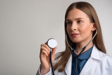A doctor in a white coat using a stethoscope on a patient's chest in the style of a close up photo isolated over a light background with copy space concept of health care and medical