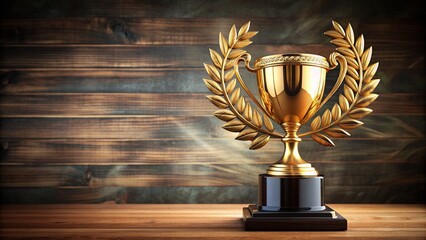 A golden trophy with laurel wreath design and engraved plate on a wooden base, symbolizing excellence and recognition in a prestigious competition.