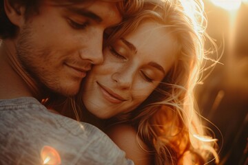 A man and woman embrace while enjoying a golden sunset, the woman's hair flowing in the wind