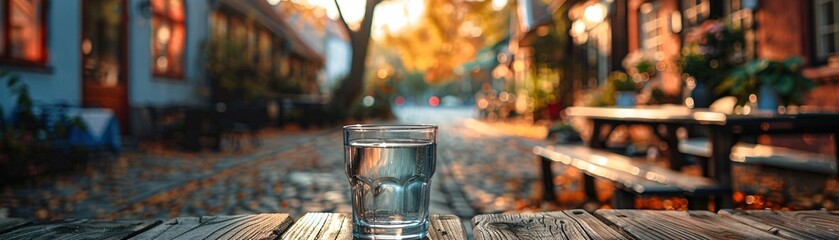 A glass of water sits on a wooden table outside a restaurant on a fall afternoon, with the buildings and trees in the background blurred