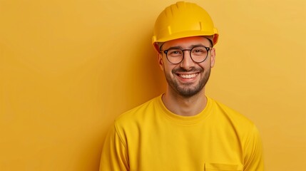 A man wearing a yellow shirt and a yellow hard hat is smiling. He is wearing glasses and has a friendly expression