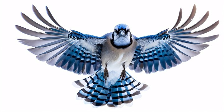 The blue jay is a corvid passerine bird found in the eastern regions of North America, captured in mid-flight with its wings and plumage spread out against a white backdrop.