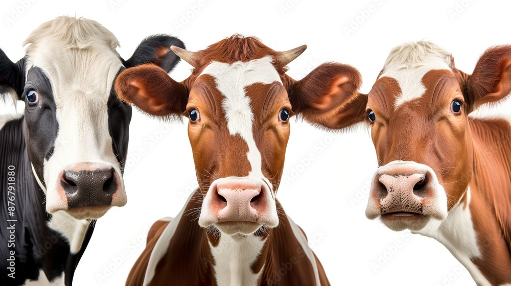 Poster three cows with different colored spots are standing next to each other. the cows are looking at the
