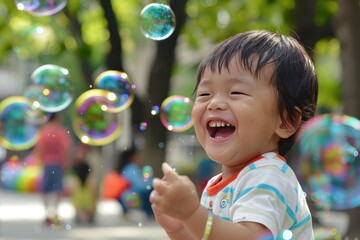 Pure Bliss: The Beauty of Childhood Joy Captured in a Child Laughing and Playing with Bubbles in the Park