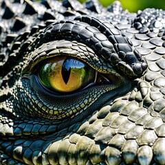 A close-up of the crocodile's eye, reptilian gaze and the texture of its eyelids and scales around the eye
