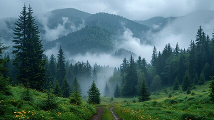 Misty mountain scenery in the Carpathian region of Ukraine.