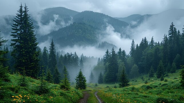 Misty mountain scenery in the Carpathian region of Ukraine.