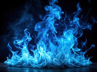 Obraz premium Vibrant blue flames erupt from a dark abyss, dancing across a velvety black backdrop, casting an eerie glow, with wisps of smoke curling upwards.