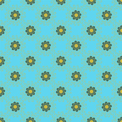 Seamless pattern with hand drawn golden classic floral rosette motifs on a teal background